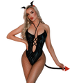 Wild By Nature - Costum Diavol Sexy Negru Wetlook – Body, Ciorapi Fishnet, Coarne și Coadă Roșie