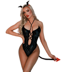 Wild By Nature - Costum Diavol Sexy Negru Wetlook – Body, Ciorapi Fishnet, Coarne și Coadă Roșie