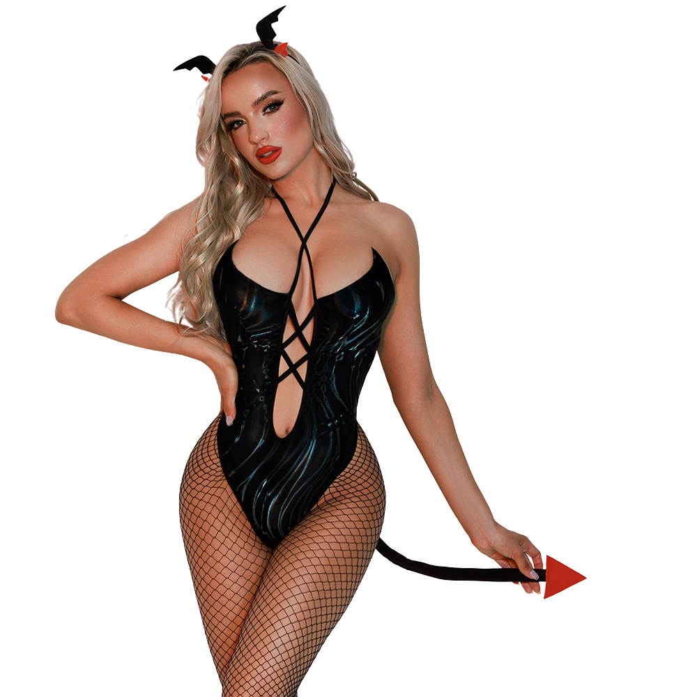 Wild By Nature - Costum Diavol Sexy Negru Wetlook – Body, Ciorapi Fishnet, Coarne și Coadă Roșie