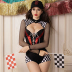 Wild Ride - Costum Pilot Sexy Racing – Body Carouri Alb-Negru, Șapcă și Steguleț