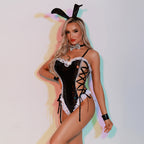 Please to Tease - Costum Iepuraș Sexy Negru Holografic – Body cu Dantelă, Choker Papion, Brățări și Urechi