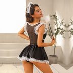 Midnight Shift - Costum Menajeră Sexy Negru-Alb – Rochie Mini cu Dantelă, Șorț, Bonetă și Pămătuf Decorativ