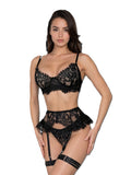 Call Me Yours - Set Lenjerie Sexy Negru Dantelă – Sutien, Portjartier cu Fustă Tul și Tanga