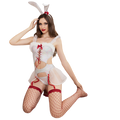 Pure Desire - Costum Iepuraș Sexy Alb cu Roșu – Body cu Fustă Tul, Portjartier, Ciorapi Fishnet și Urechi Iepuraș