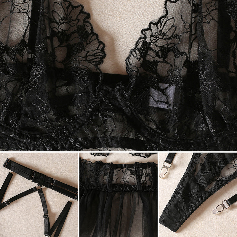 Private Show - Set Lenjerie Sexy Negru – Sutien, Corset Dantelă cu Tul, Portjartier și Choker