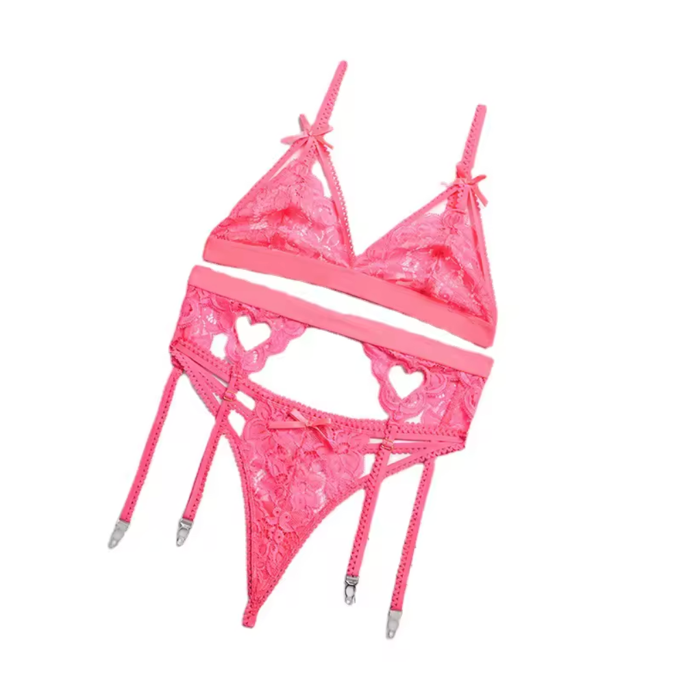 Pink Obsession - Set Lenjerie Sexy Roz Coral cu Dantelă și Inimi