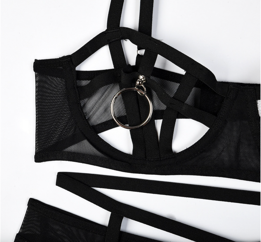 Secret Vows - Set Lenjerie Sexy Negru – Sutien cu Inele, Portjartier High-Waist și Choker