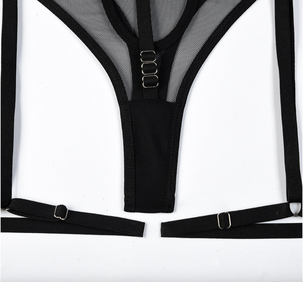 Secret Vows - Set Lenjerie Sexy Negru – Sutien cu Inele, Portjartier High-Waist și Choker