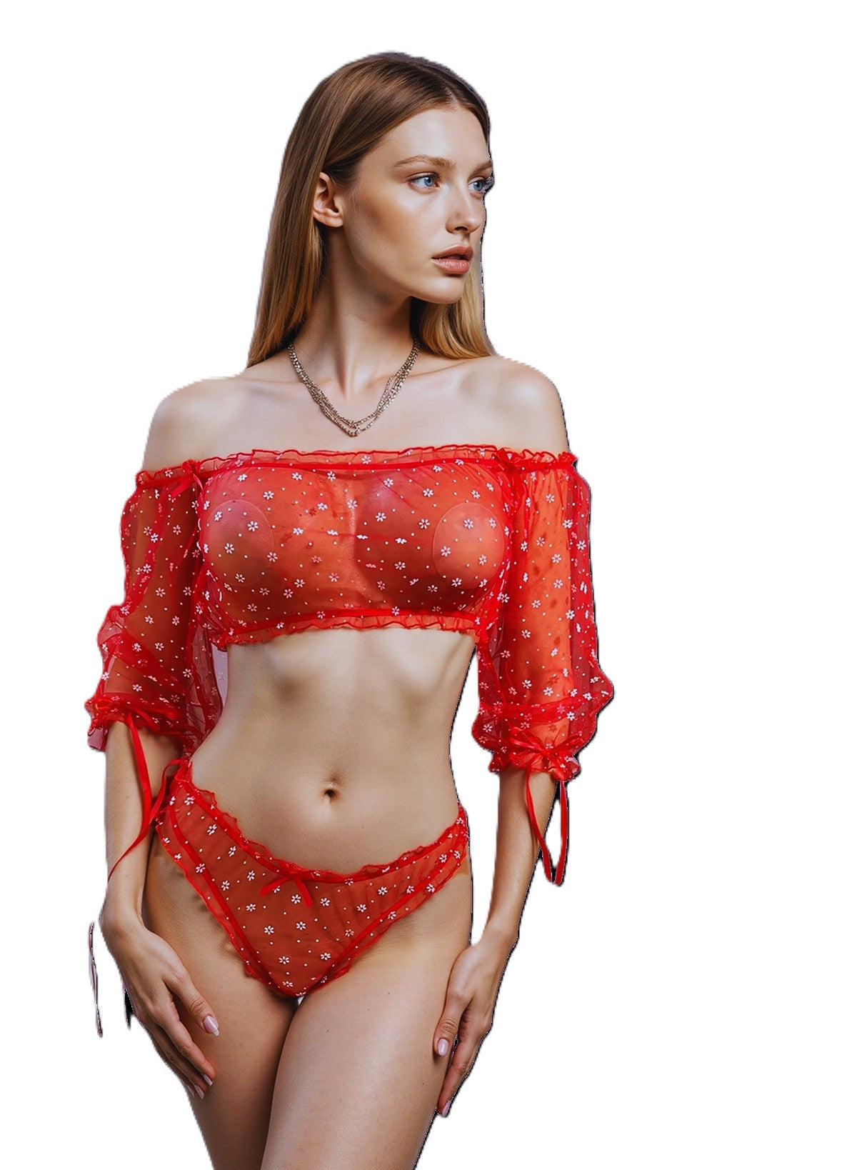 See Me Through - Set Lenjerie Sexy Roșu Tul cu Floricele