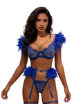 Soft Wings - Set Lenjerie Sexy Albastru cu Pene și Lanțuri Aurii – Sutien, Portjartier și Tanga
