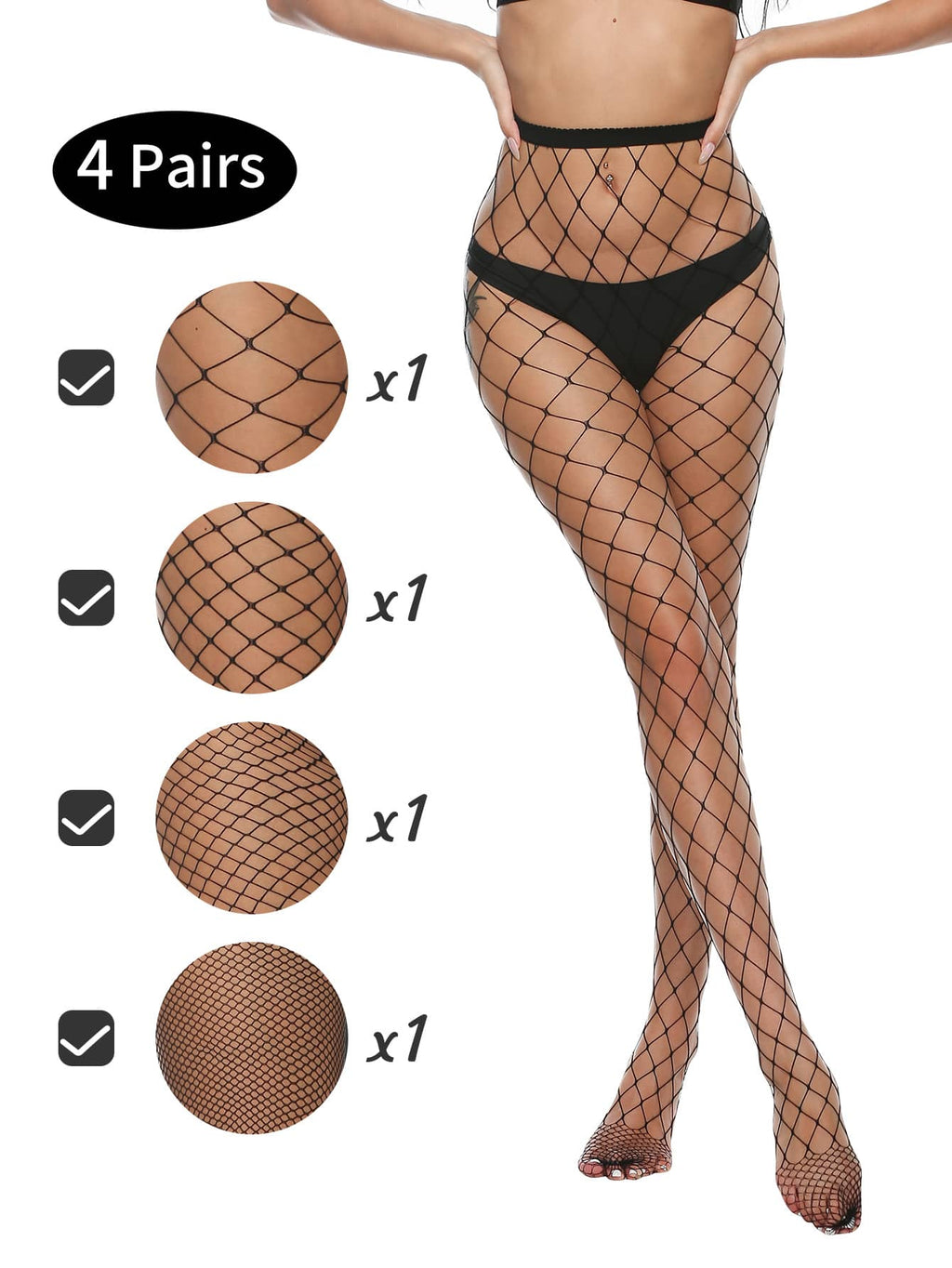Tempting Lines - Set 4 Dresuri Plasă Negre – Fishnet Ochiuri Extra-Mari, Mari, Medii și Fine