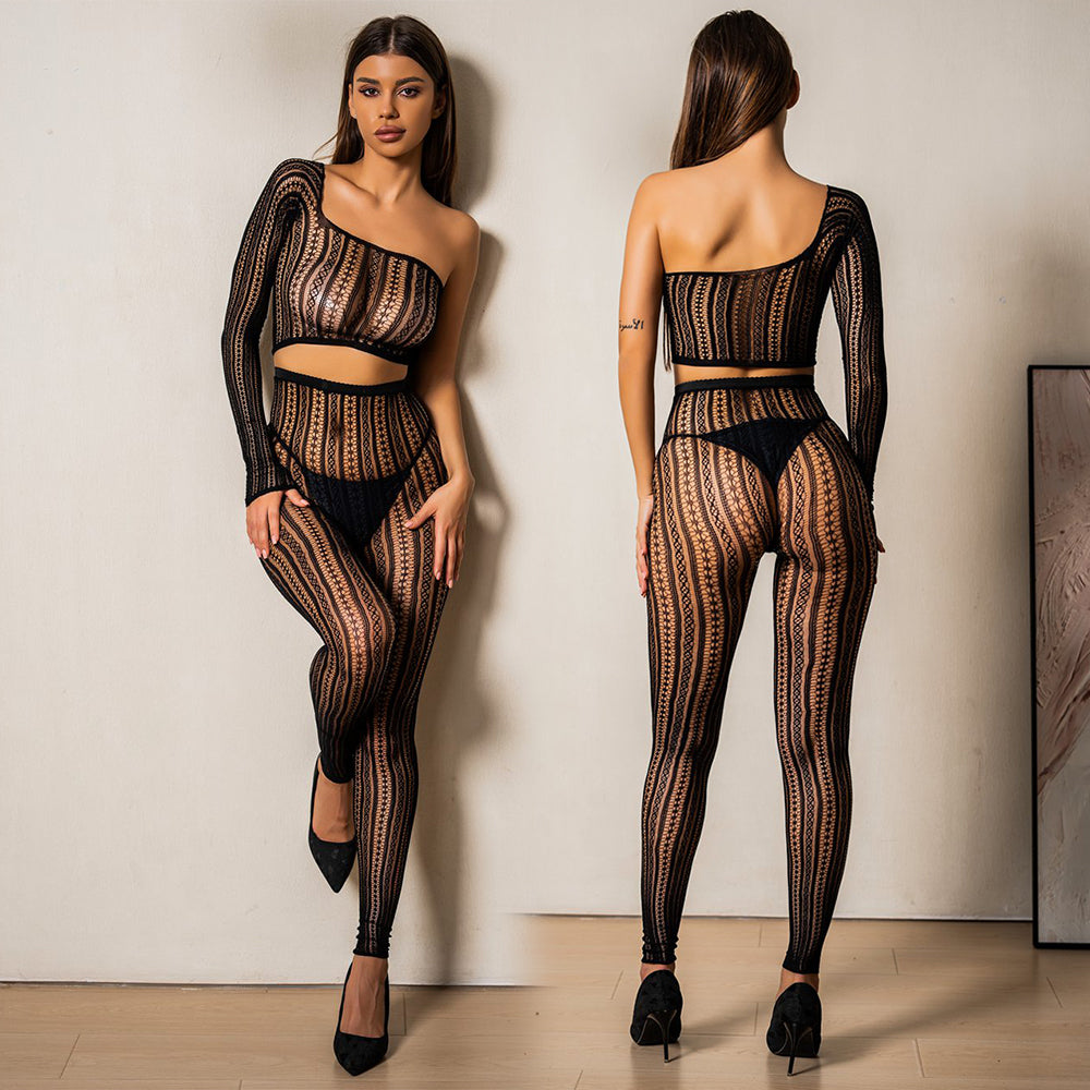 Bold Night - Set Sexy Negru - Top Crop Asimetric și Colanți Plasă cu Model Geometric