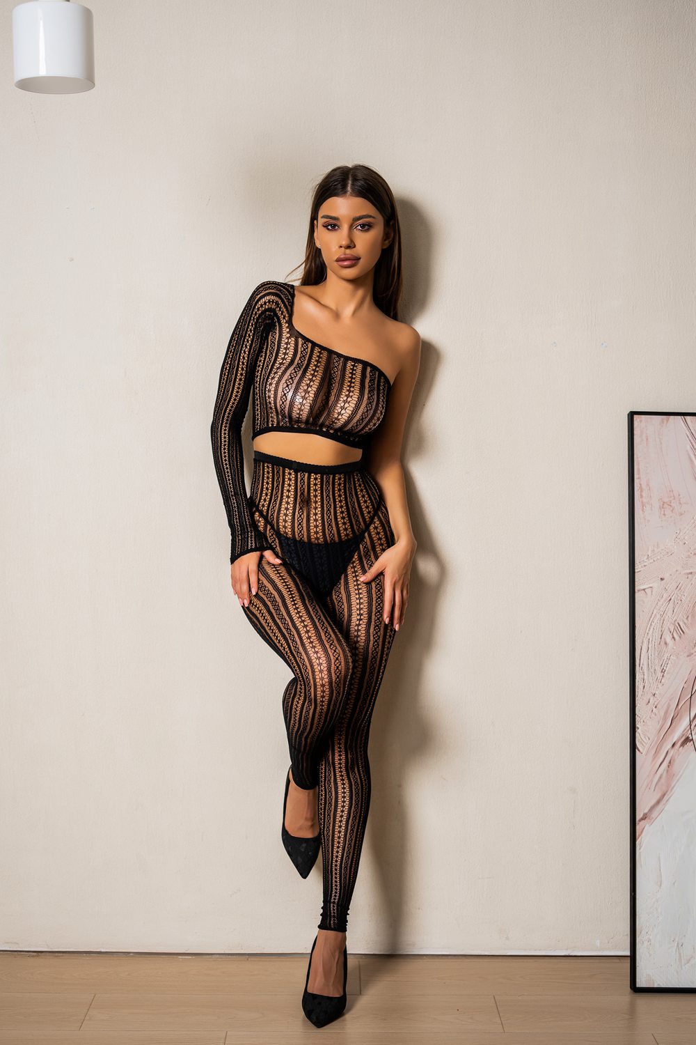 Bold Night - Set Sexy Negru - Top Crop Asimetric și Colanți Plasă cu Model Geometric