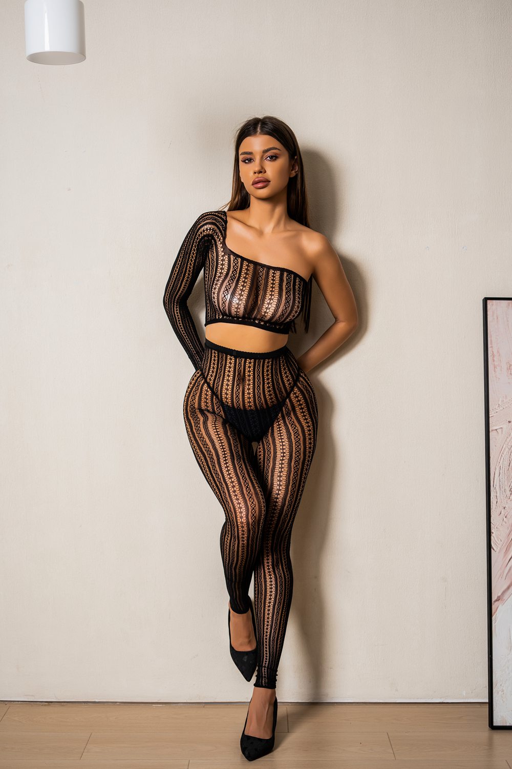 Bold Night - Set Sexy Negru - Top Crop Asimetric și Colanți Plasă cu Model Geometric