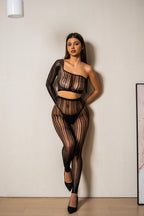 Bold Night - Set Sexy Negru - Top Crop Asimetric și Colanți Plasă cu Model Geometric