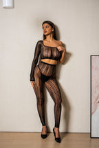 Bold Night - Set Sexy Negru - Top Crop Asimetric și Colanți Plasă cu Model Geometric