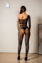 Bold Night - Set Sexy Negru - Top Crop Asimetric și Colanți Plasă cu Model Geometric