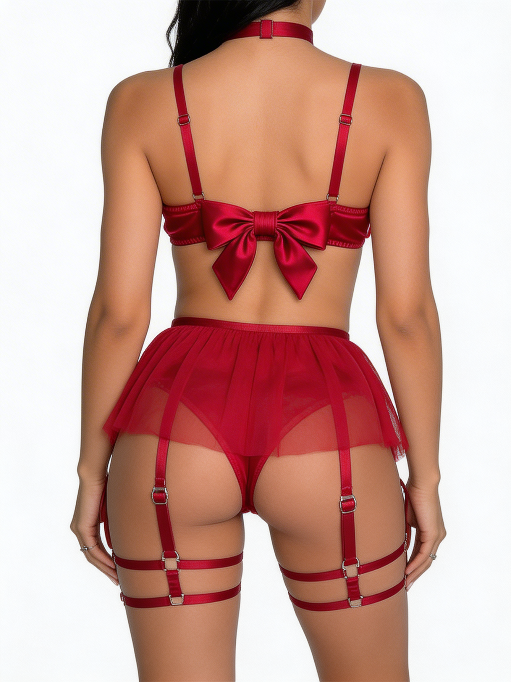 Me, First - Set Lenjerie Sexy Roșu cu Fundă Satin – Top, Fustă Mini Tul cu Portjartier, Tanga și Choker
