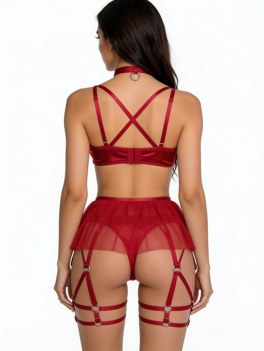 Me, First - Set Lenjerie Sexy Roșu cu Fundă Satin – Top, Fustă Mini Tul cu Portjartier, Tanga și Choker