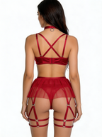Me, First - Set Lenjerie Sexy Roșu cu Fundă Satin – Top, Fustă Mini Tul cu Portjartier, Tanga și Choker
