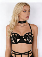 Secret Vows - Set Lenjerie Sexy Negru – Sutien cu Inele, Portjartier High-Waist și Choker