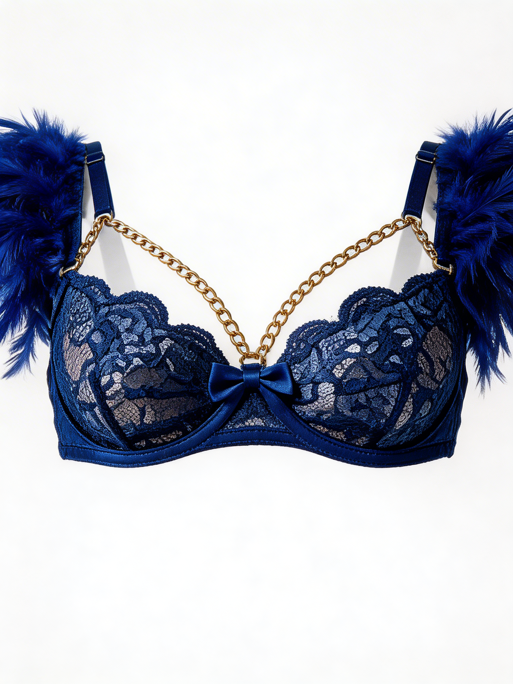 Soft Wings - Set Lenjerie Sexy Albastru cu Pene și Lanțuri Aurii – Sutien, Portjartier și Tanga