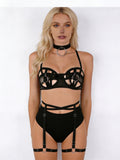 Secret Vows - Set Lenjerie Sexy Negru – Sutien cu Inele, Portjartier High-Waist și Choker