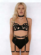 Secret Vows - Set Lenjerie Sexy Negru – Sutien cu Inele, Portjartier High-Waist și Choker