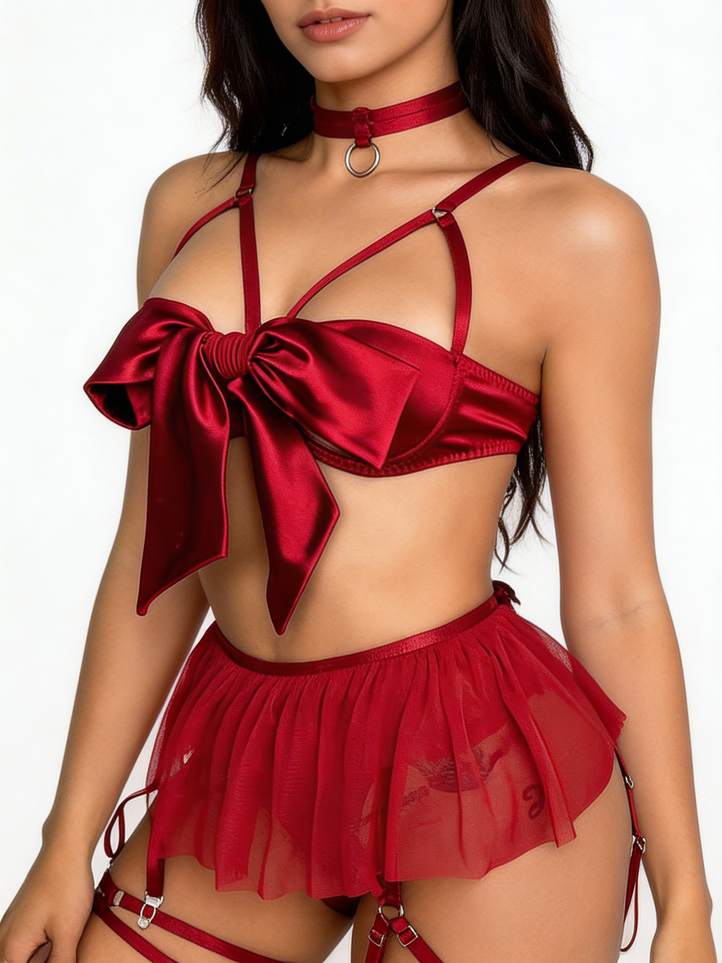 Me, First - Set Lenjerie Sexy Roșu cu Fundă Satin – Top, Fustă Mini Tul cu Portjartier, Tanga și Choker