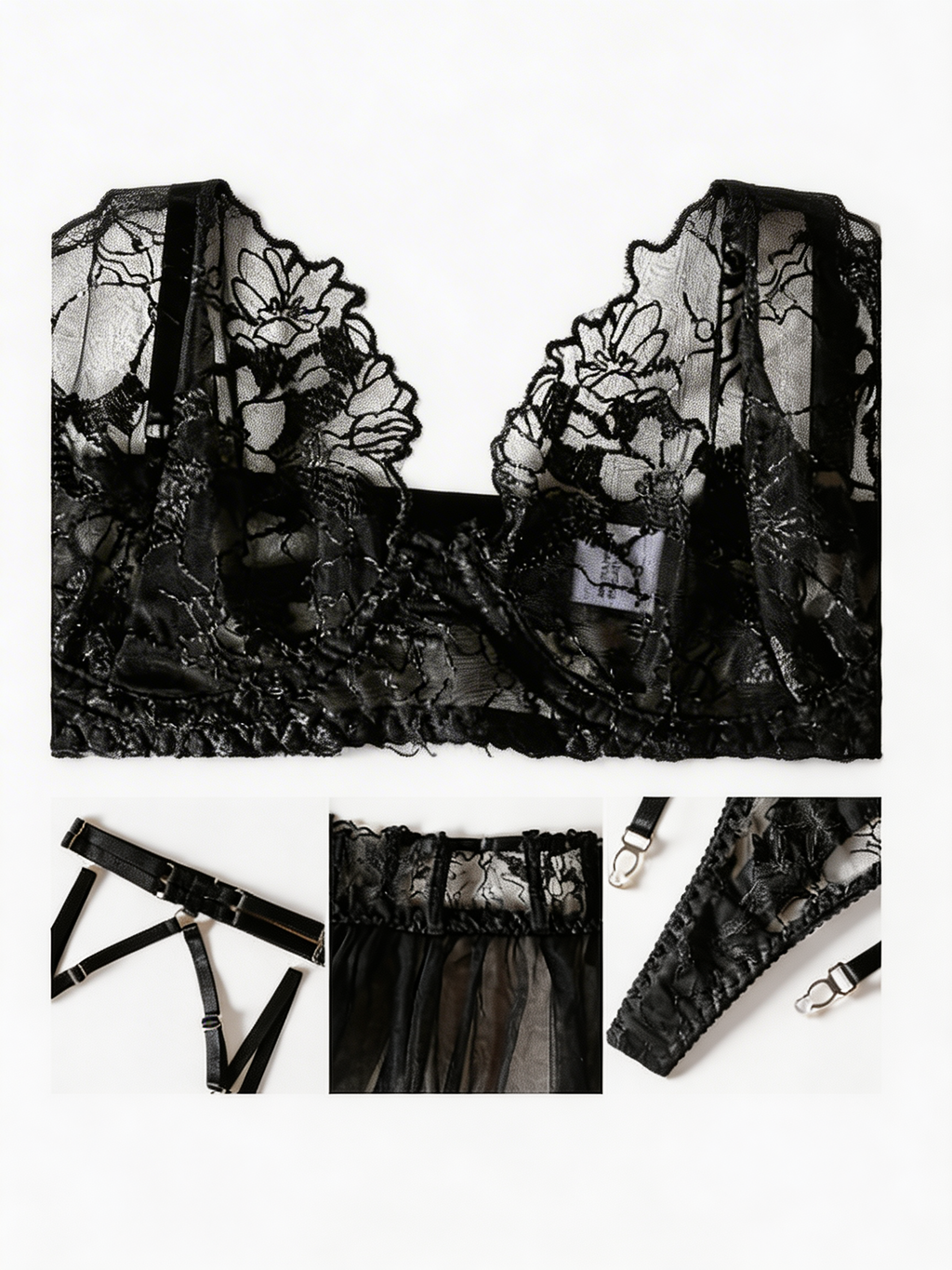 Private Show - Set Lenjerie Sexy Negru – Sutien, Corset Dantelă cu Tul, Portjartier și Choker