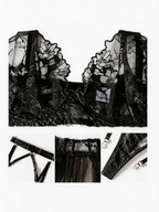 Private Show - Set Lenjerie Sexy Negru – Sutien, Corset Dantelă cu Tul, Portjartier și Choker