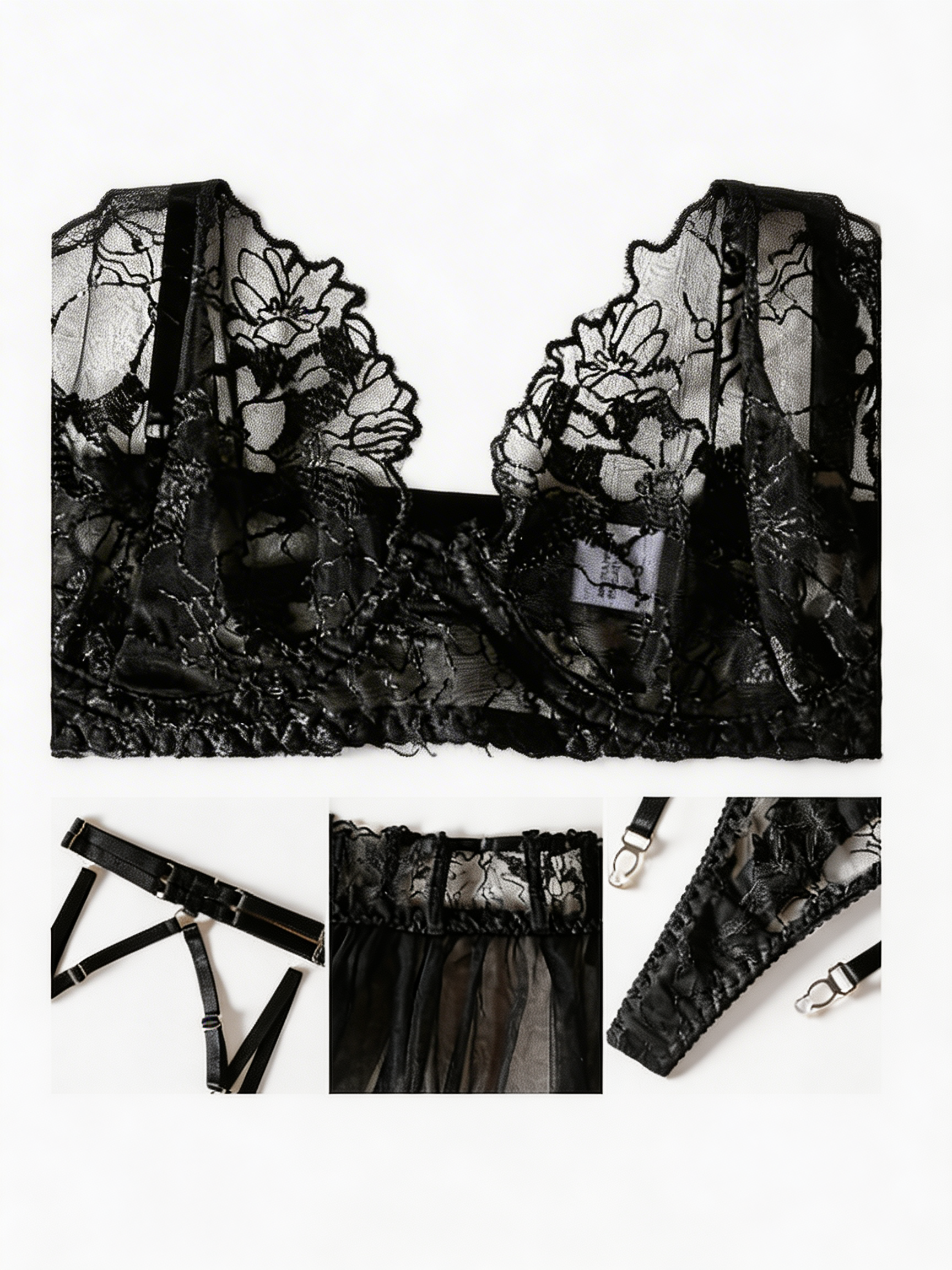 Private Show - Set Lenjerie Sexy Negru – Sutien, Corset Dantelă cu Tul, Portjartier și Choker