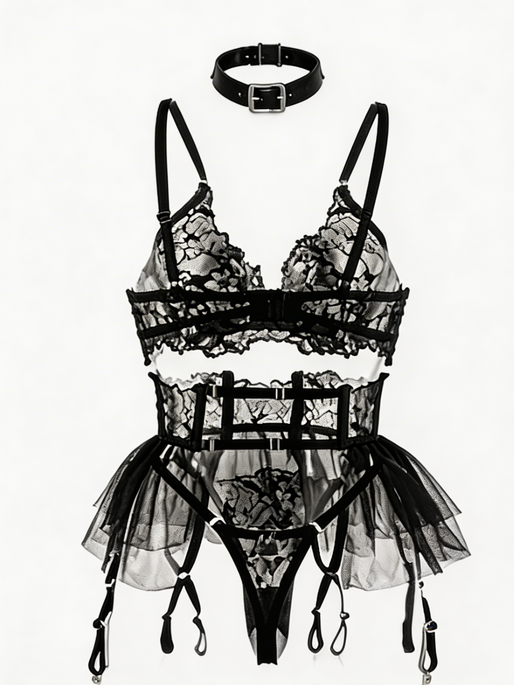 Private Show - Set Lenjerie Sexy Negru – Sutien, Corset Dantelă cu Tul, Portjartier și Choker