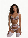Innocent Desire - Set Lenjerie Sexy Roz Pudră cu Broderie Florală Albă – Sutien, Portjartier și Tanga