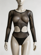 Heart Whisper - Body Sexy Negru Fishnet din Piele Ecologică cu Mâneci Lungi