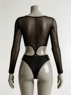 Heart Whisper - Body Sexy Negru Fishnet din Piele Ecologică cu Mâneci Lungi