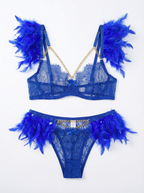 Soft Wings - Set Lenjerie Sexy Albastru cu Pene și Lanțuri Aurii – Sutien, Portjartier și Tanga