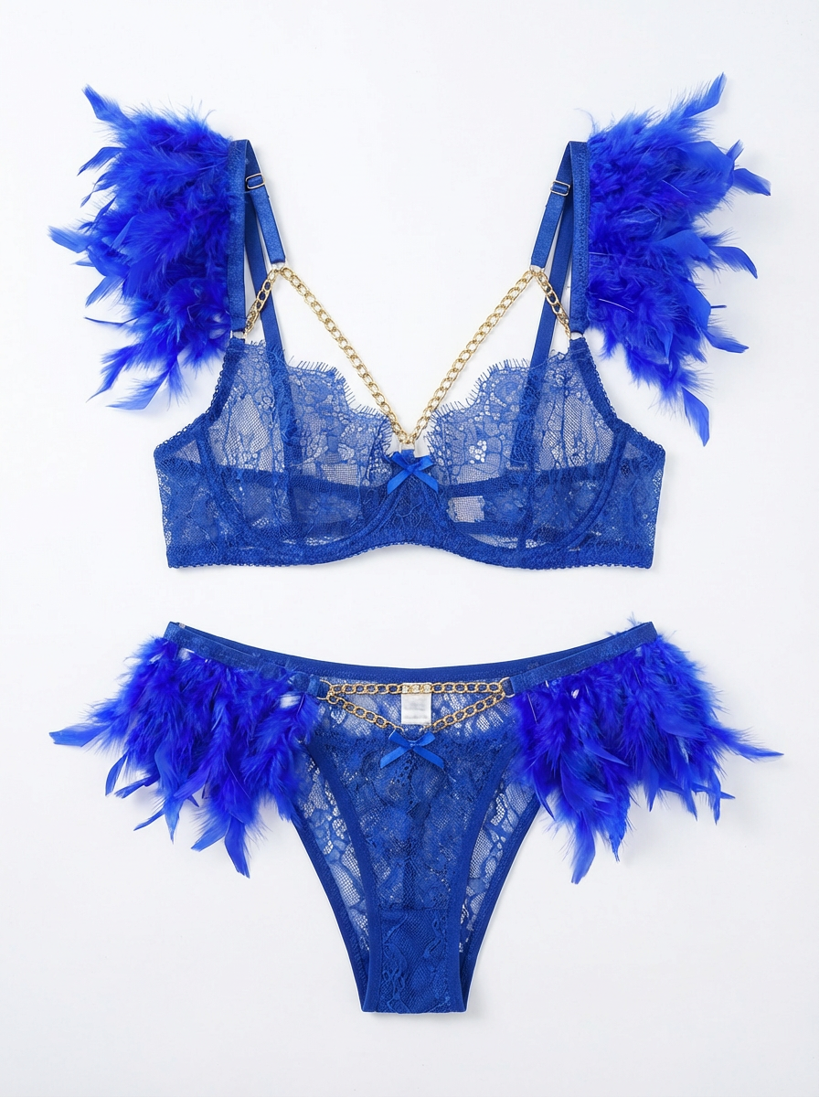 Soft Wings - Set Lenjerie Sexy Albastru cu Pene și Lanțuri Aurii – Sutien, Portjartier și Tanga