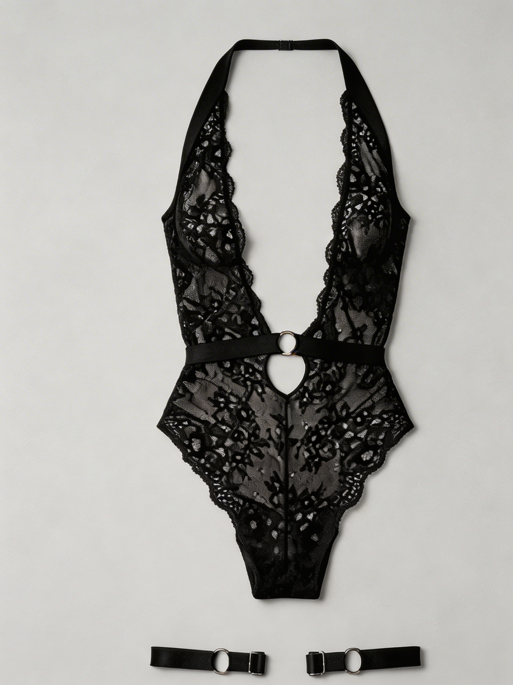 Night Craving - Set Sexy Negru – Body Dantelă Florală cu Decolteu V și Jartiere cu Inele Metalice
