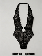 Night Craving - Set Sexy Negru – Body Dantelă Florală cu Decolteu V și Jartiere cu Inele Metalice