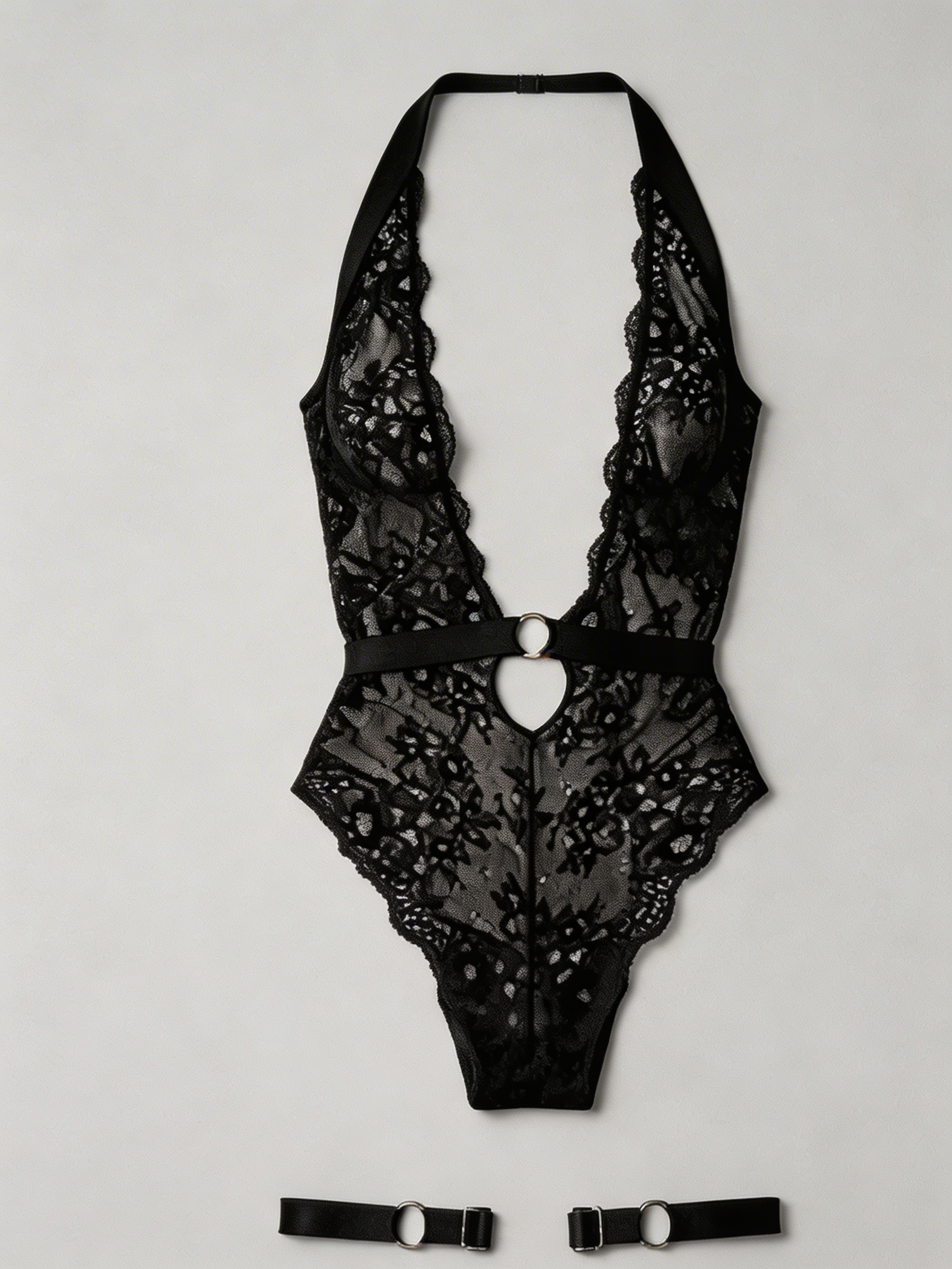 Night Craving - Set Sexy Negru – Body Dantelă Florală cu Decolteu V și Jartiere cu Inele Metalice