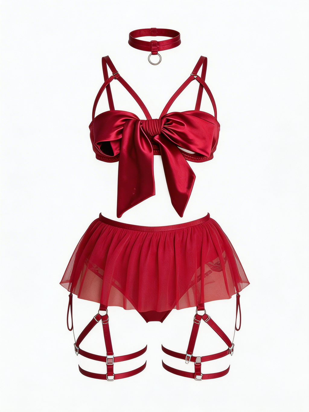 Me, First - Set Lenjerie Sexy Roșu cu Fundă Satin – Top, Fustă Mini Tul cu Portjartier, Tanga și Choker