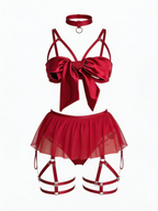 Me, First - Set Lenjerie Sexy Roșu cu Fundă Satin – Top, Fustă Mini Tul cu Portjartier, Tanga și Choker