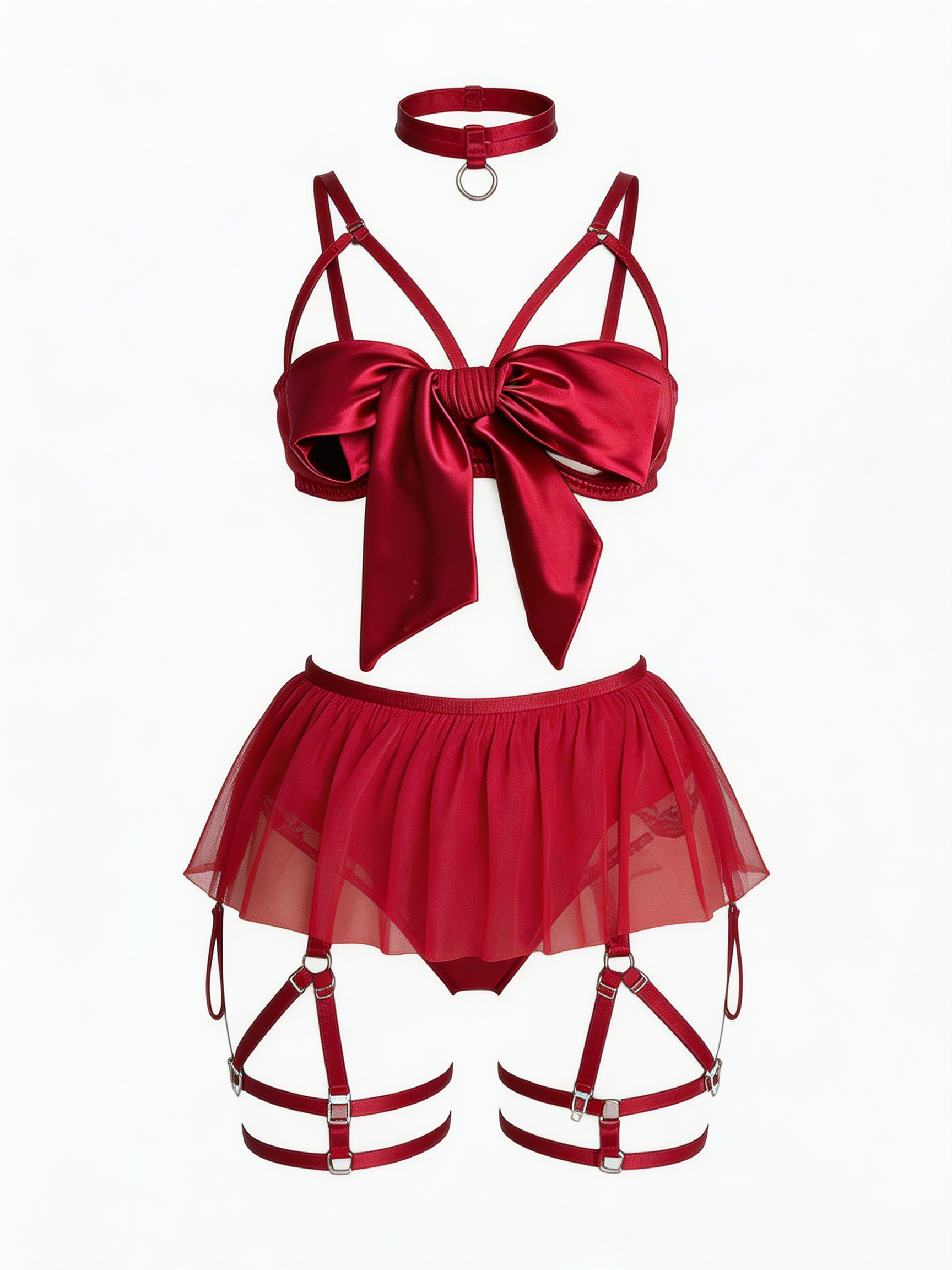 Me, First - Set Lenjerie Sexy Roșu cu Fundă Satin – Top, Fustă Mini Tul cu Portjartier, Tanga și Choker