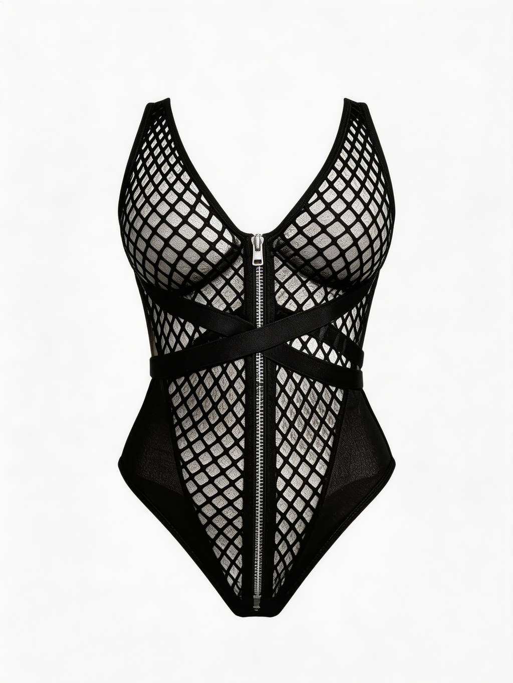 Almost Hidden - Body Sexy Negru Fishnet cu Fermoar
