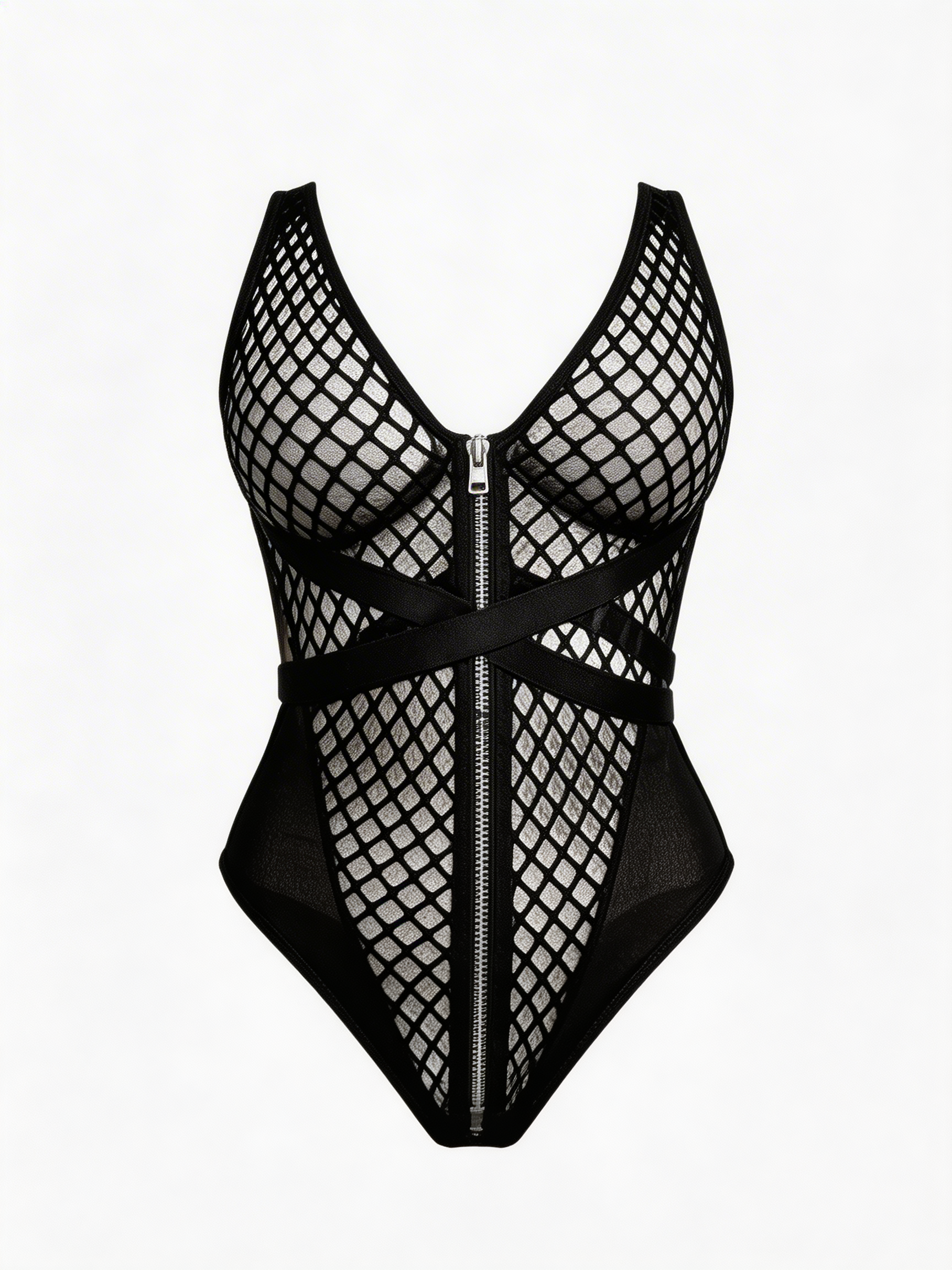 Almost Hidden - Body Sexy Negru Fishnet cu Fermoar