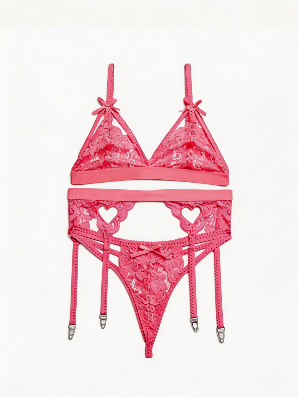Pink Obsession - Set Lenjerie Sexy Roz Coral cu Dantelă și Inimi