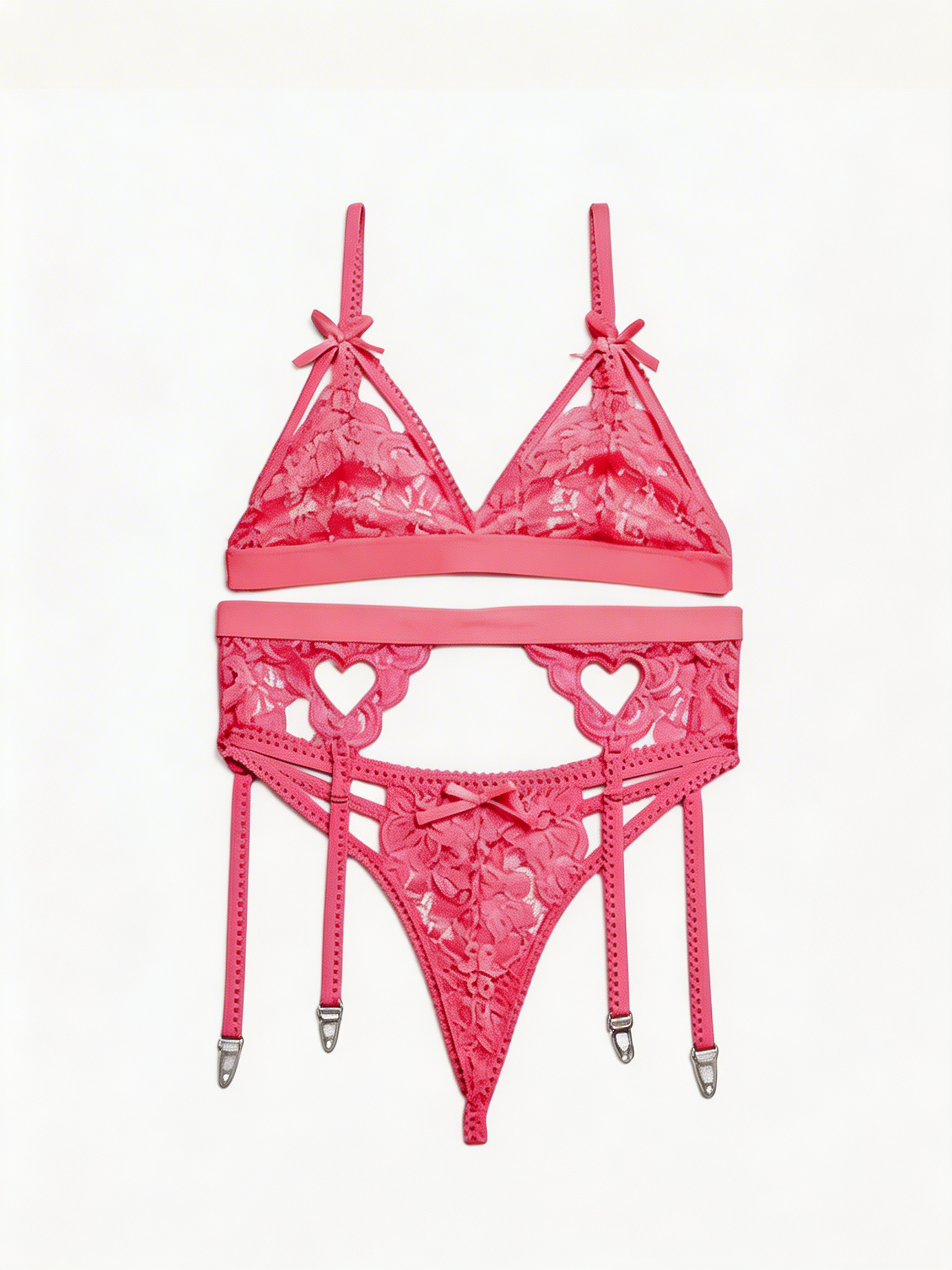 Pink Obsession - Set Lenjerie Sexy Roz Coral cu Dantelă și Inimi