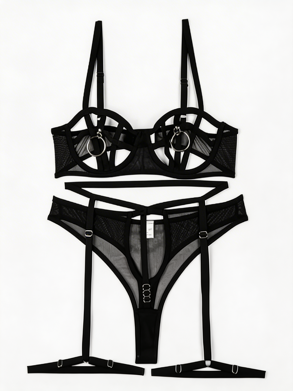 Secret Vows - Set Lenjerie Sexy Negru – Sutien cu Inele, Portjartier High-Waist și Choker