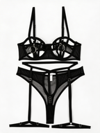 Secret Vows - Set Lenjerie Sexy Negru – Sutien cu Inele, Portjartier High-Waist și Choker
